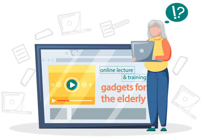 Alte Dame lernt mit Laptop arbeiten  Illustration