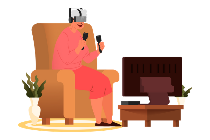 Alte Dame spielt VR-Spiel  Illustration