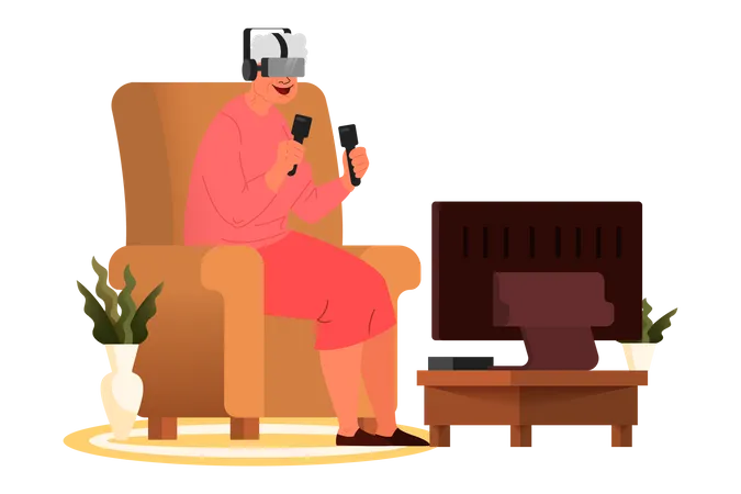 Alte Dame spielt VR-Spiel  Illustration