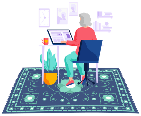 Alte Frau arbeitet am Laptop  Illustration