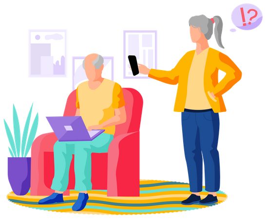 Alte Frau arbeitet am Laptop und älterer Mann chattet per Videoanruf  Illustration