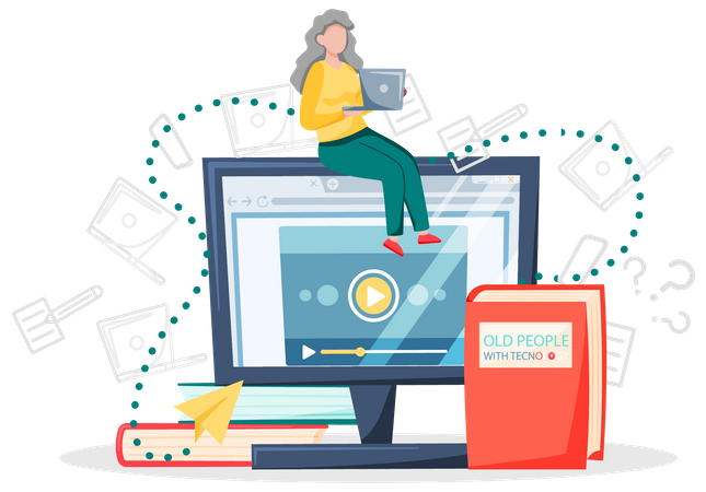 Alte Frau arbeitet zu Hause am Computer  Illustration