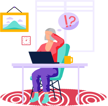 Alte Frau arbeitet zu Hause am Laptop  Illustration