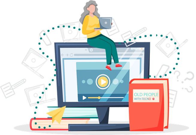 Alte Frau arbeitet zu Hause am Laptop  Illustration