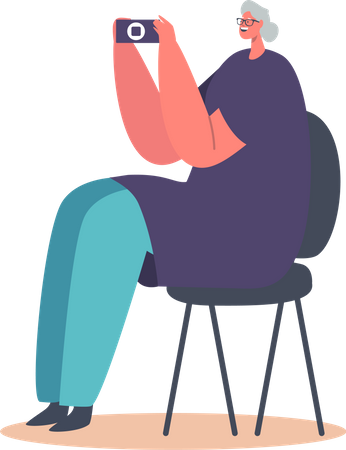 Alte Frau benutzt Handy auf Stuhl sitzend  Illustration
