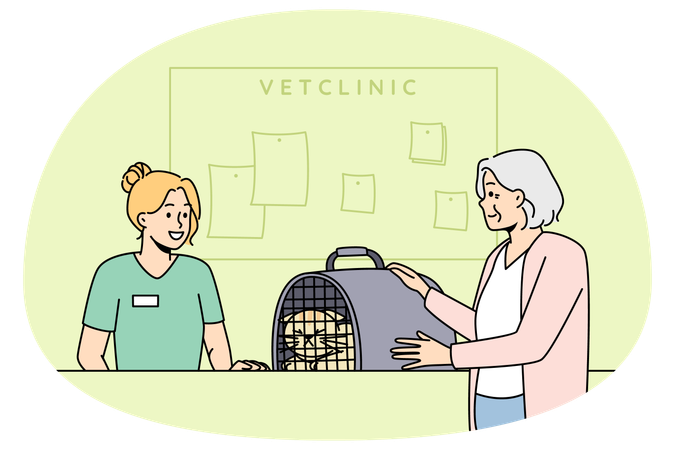 Alte Frau bringt Haustier zur Tierklinik  Illustration