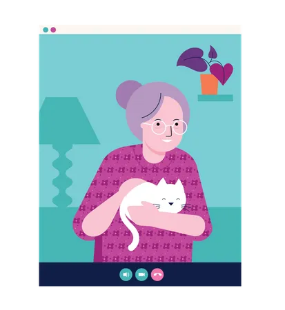 Alte Frau hält Katze in der Hand und chattet per Videoanruf  Illustration