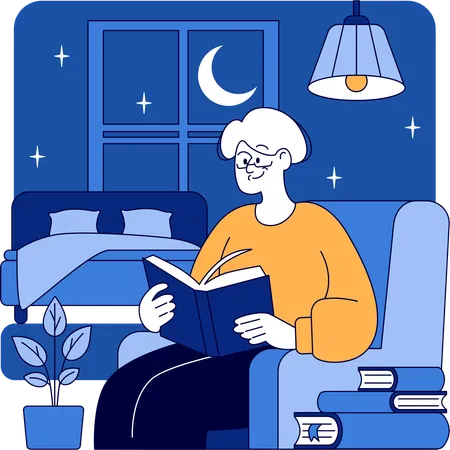 Alte Frau liest Buch, während sie um Mitternacht allein zu Hause sitzt  Illustration