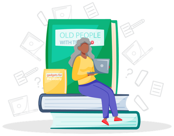 Alte Frau mit Laptop lernt, mit dem Computer zu arbeiten  Illustration