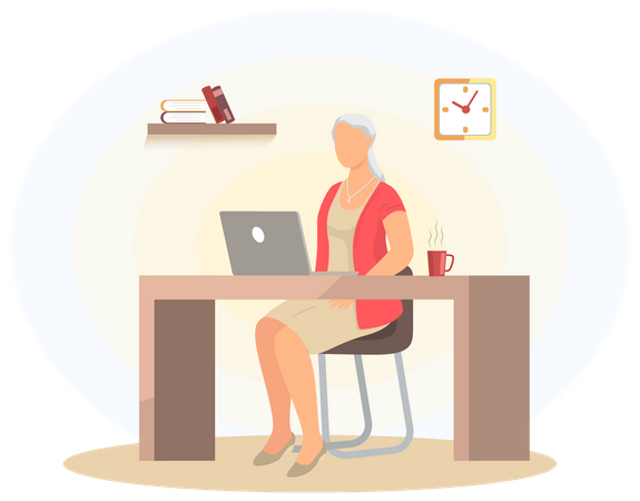 Alte Frau sitzt mit Computer am Arbeitsplatz  Illustration
