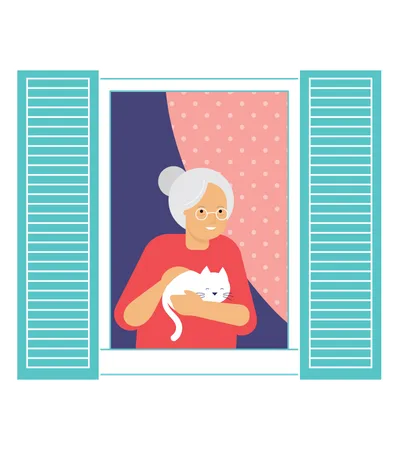 Alte Frau steht mit ihrer Katze am Fenster  Illustration