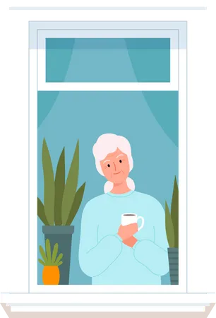 Alte Frau steht mit Kaffee am Fenster  Illustration