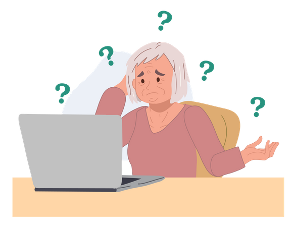 Alte Frau weiß nicht, wie man einen Laptop benutzt  Illustration