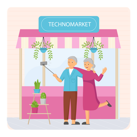 Alte Großeltern machen Selfie auf dem Markt  Illustration