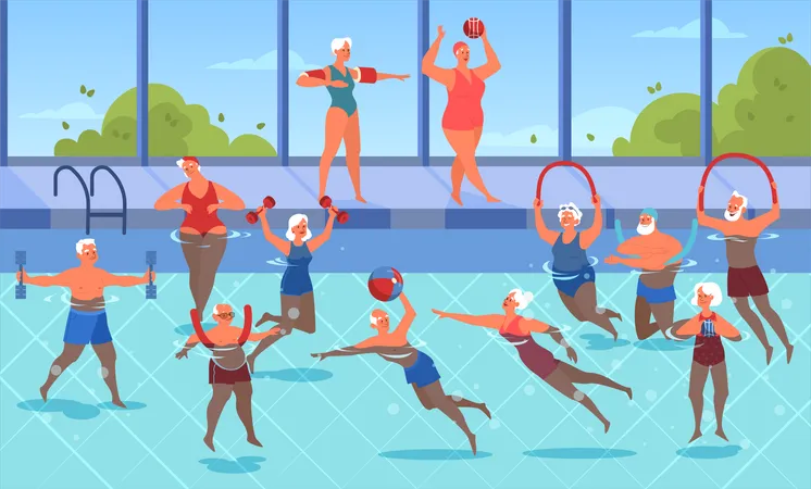 Ältere Menschen machen Übungen im Schwimmbad  Illustration
