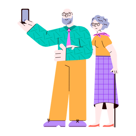 Alte Leute stehen und machen Selfies mit dem Smartphone  Illustration