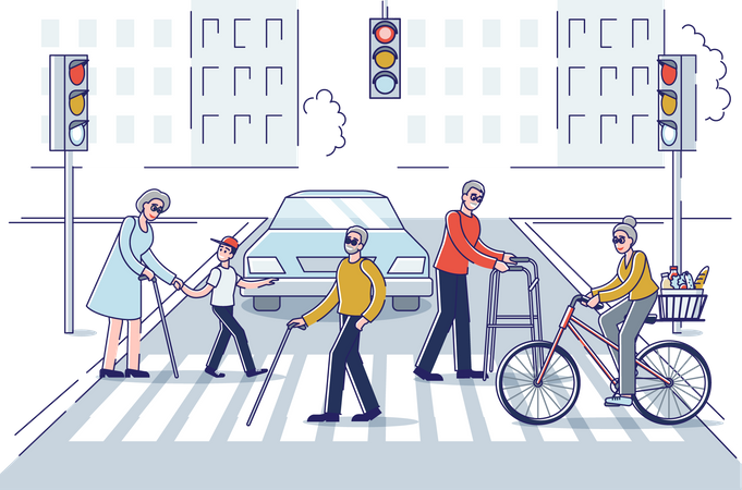 Alte Leute überqueren die Straßen der Stadt  Illustration