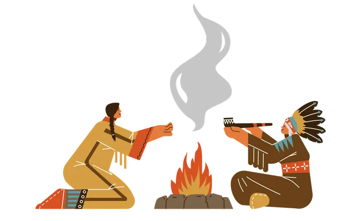 Alte Stammesangehörige der amerikanischen Ureinwohner rauchen Pfeife in traditioneller indischer Kleidung  Illustration