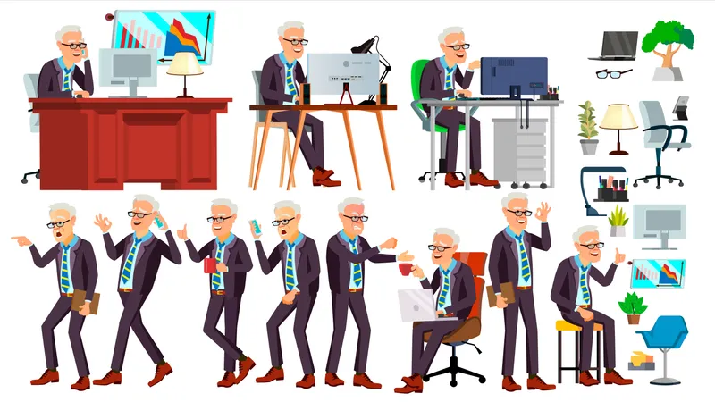 Alt, Büroangestellte, Vector., Gesicht, Emotions,, Unterschiedliche, Gestures., Geschaefts, Man., Professionelle, Kabinett, Workman,, Officer,, Clerk., Freigestellt, Karikatur, Zeichen, Abbildung  Illustration