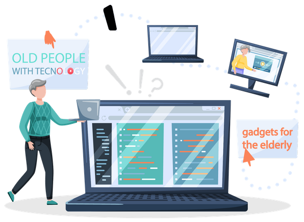 Alter Mann arbeitet am Laptop  Illustration