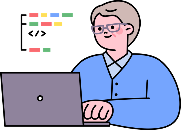 Alter Mann arbeitet an Softwareentwicklung  Illustration