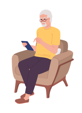 Alter Mann mit Smartphone im Sessel  Illustration