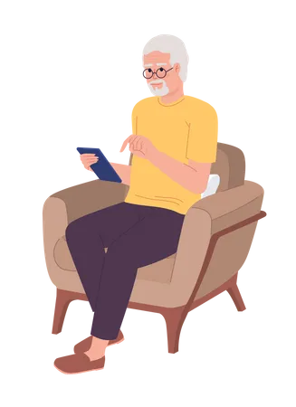 Alter Mann mit Smartphone im Sessel  Illustration