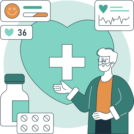 Alter Mann erklärt Gesundheitssicherheit und Medizin  Illustration