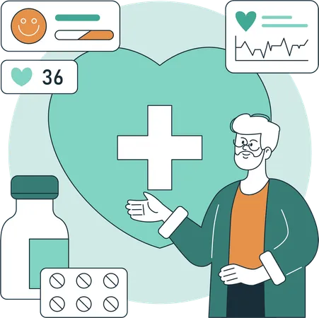 Alter Mann erklärt Gesundheitssicherheit und Medizin  Illustration