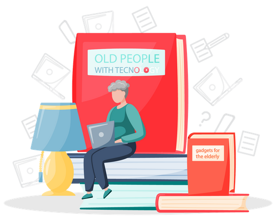 Alter Mann lernt mit Laptop arbeiten  Illustration