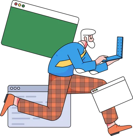 Alter Mann läuft mit Laptop  Illustration