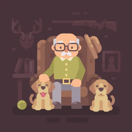 Alter Mann ruht im Sessel mit seinen beiden Hunden  Illustration