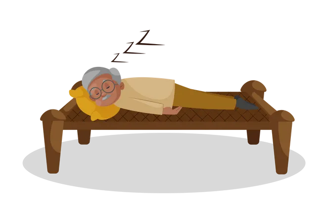 Alter Mann schläft auf gewebtem Bett  Illustration