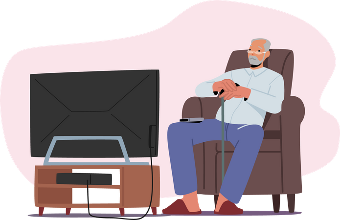 Alter Mann schaut fern, älterer männlicher Charakter sitzt auf bequemem Sessel und hat Spaß, Entspannung, einsamer Großvater  Illustration