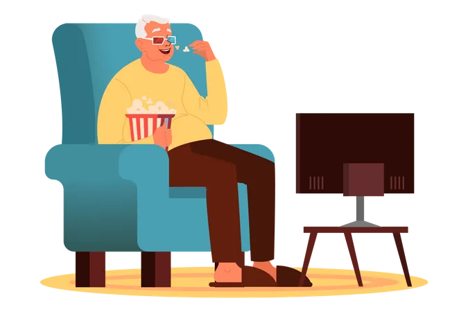 Alter Mann vor dem Fernseher mit 3D-Brille und Popcorn  Illustration