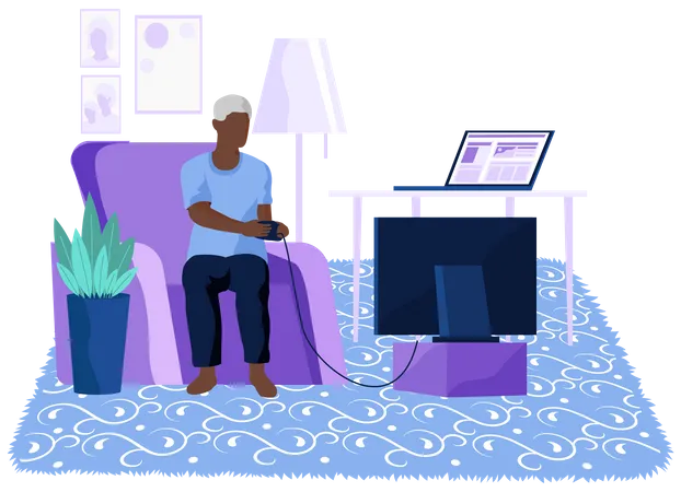 Alter Mann sitzt auf der Couch und spielt Videospiele im Fernsehen  Illustration