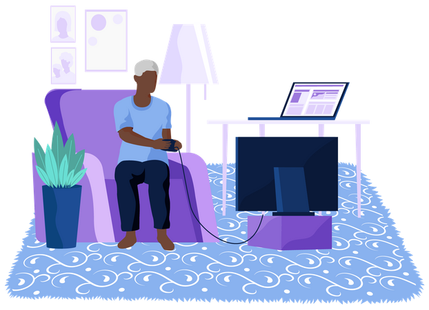 Alter Mann sitzt auf der Couch und spielt Videospiele im Fernsehen  Illustration
