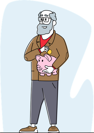 Alter Mann spart Geld im Sparschwein  Illustration
