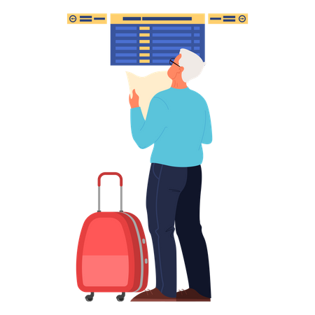 Alter Mann steht am Boarding-Bildschirm am Flughafen  Illustration