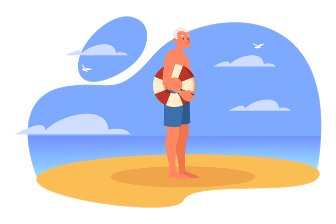 Alter Mann steht am Strand  Illustration