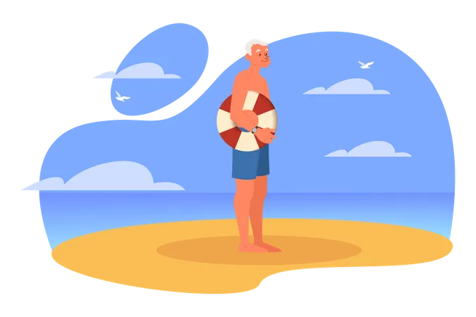 Alter Mann steht am Strand  Illustration