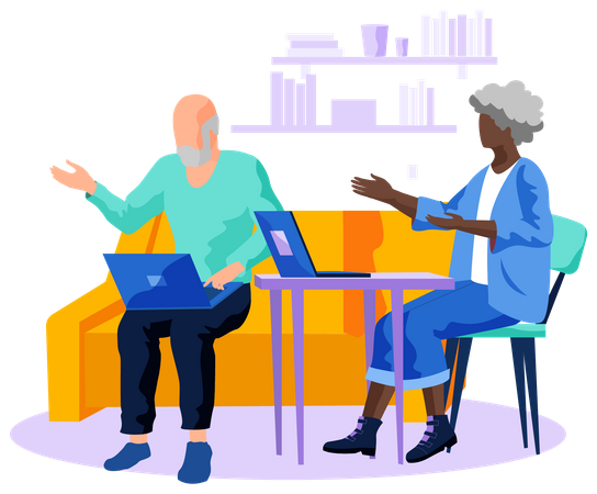 Alter Mann und Frau arbeiten am Laptop  Illustration