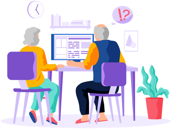 Alter Mann und Frau auf der Suche nach Informationen und Surfen im Internet  Illustration