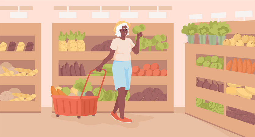 Ältere Dame wählt gesundes Gemüse  Illustration