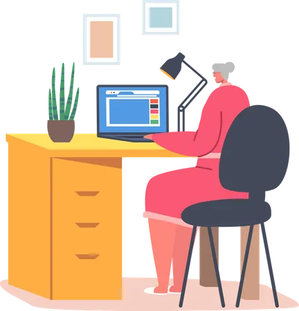 Ältere Frau arbeitet am Computer  Illustration