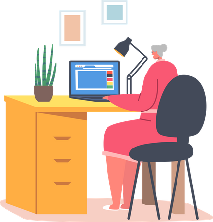 Ältere Frau arbeitet am Computer  Illustration