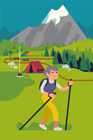 Ältere Frau beim Wandern oder Trekking in den Bergen  Illustration