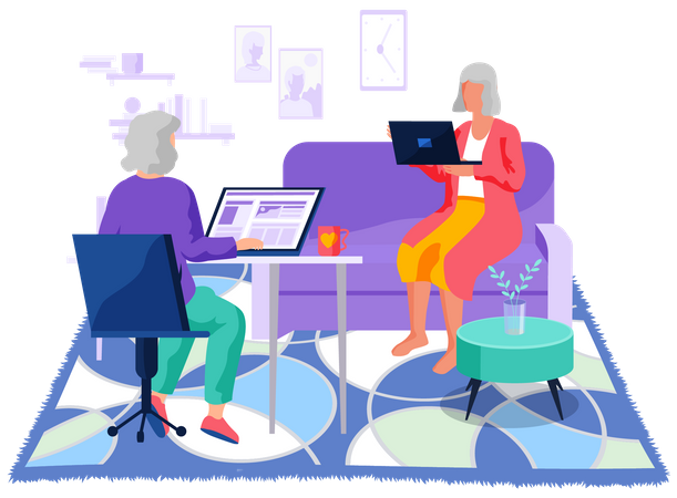 Ältere Frau, die mit Technologie arbeitet  Illustration