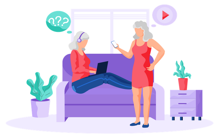 Ältere Frau, die mit Technologie arbeitet  Illustration