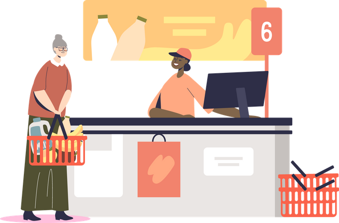 Ältere Frau im Supermarkt bezahlen und Lebensmittel einkaufen  Illustration